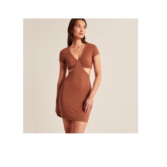 NWT Abercrombie & Fitch Ribbed Cut Out Mini Dress Size Medium Tall Color Caramel - Picture 1 of 7